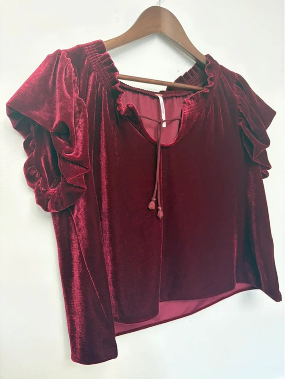 Free People Small Burgundy Velvet Ruffle Sleeve Peasant Top